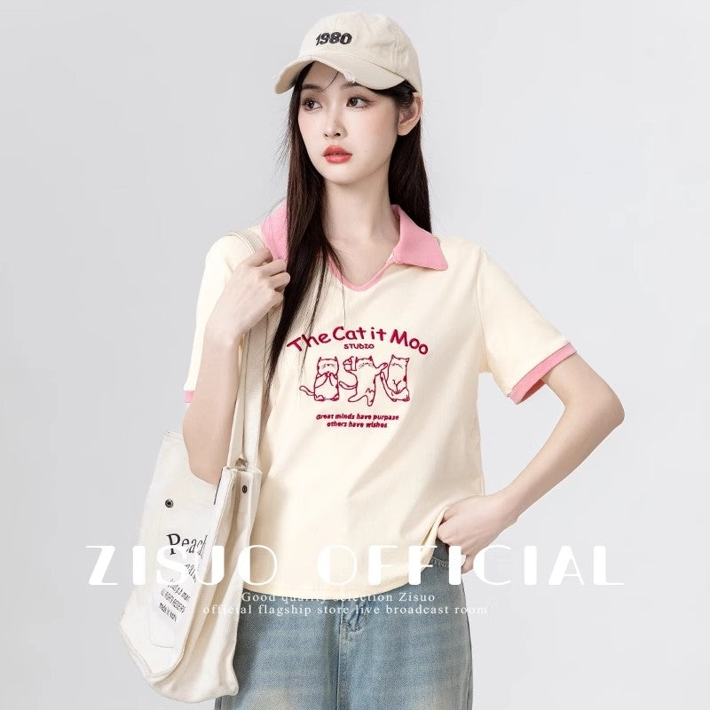 Cartoon Print Polo Collar Short Sleeve Shirt