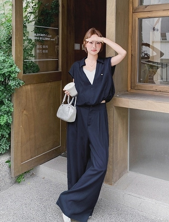 Casual Chic Shirt And Wide Leg Pants Set