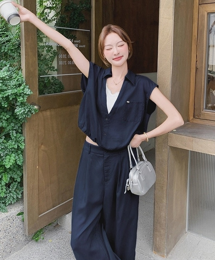 Casual Chic Shirt And Wide Leg Pants Set