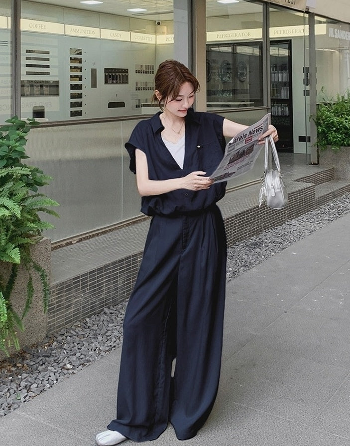 Casual Chic Shirt And Wide Leg Pants Set