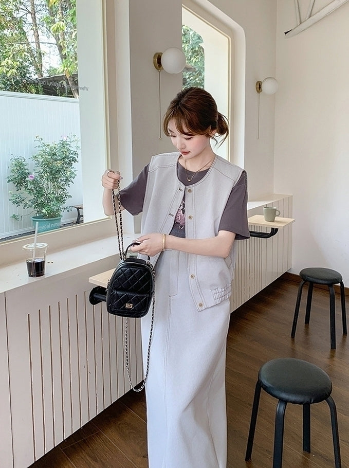Casual Denim Vest T Shirt Skirt Set