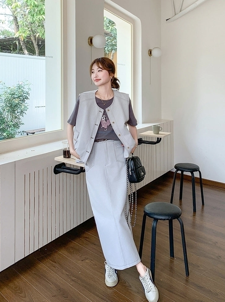 Casual Denim Vest T Shirt Skirt Set