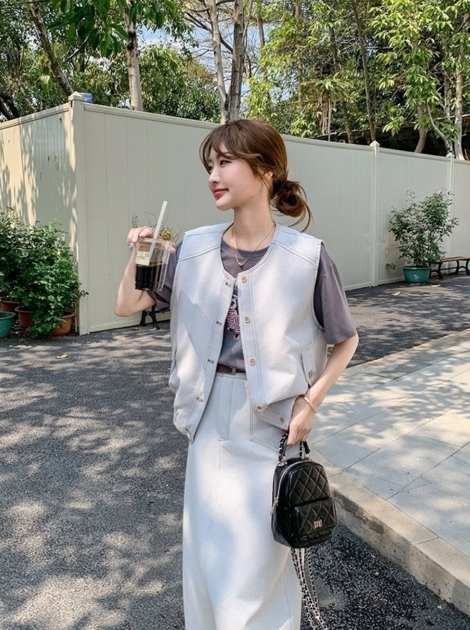 Casual Denim Vest T Shirt Skirt Set