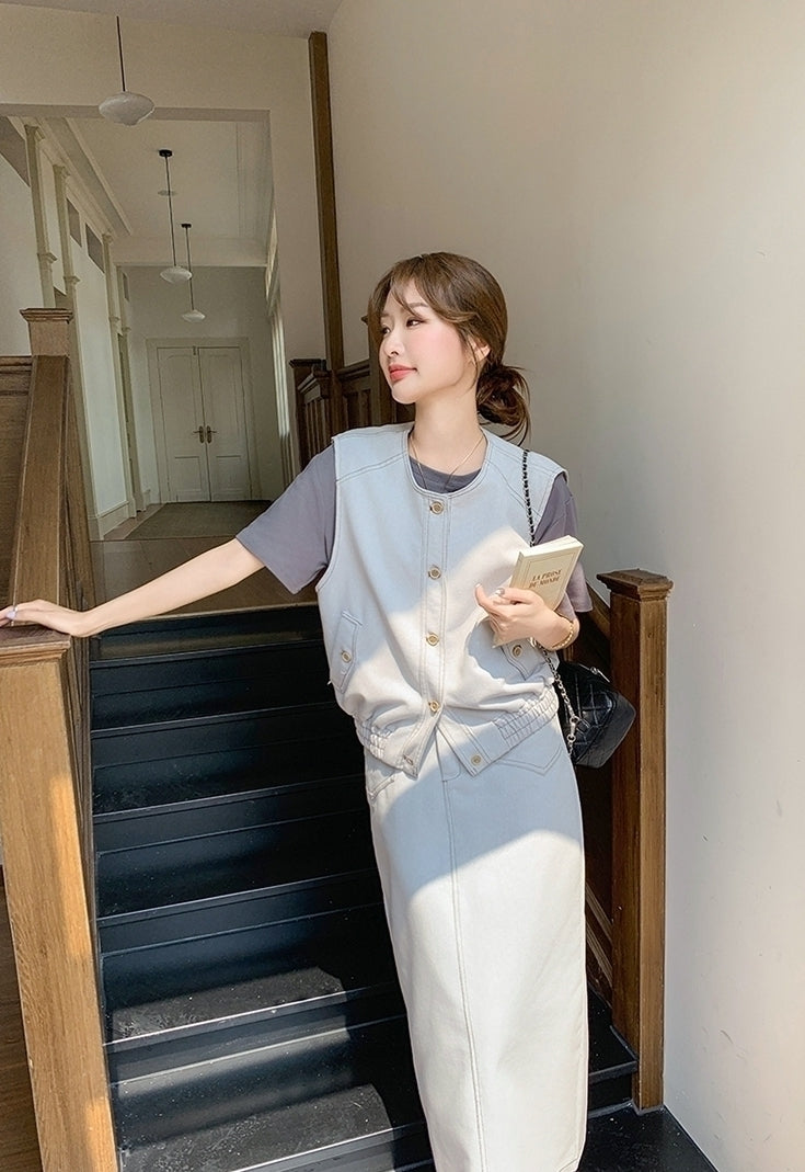 Casual Denim Vest T Shirt Skirt Set