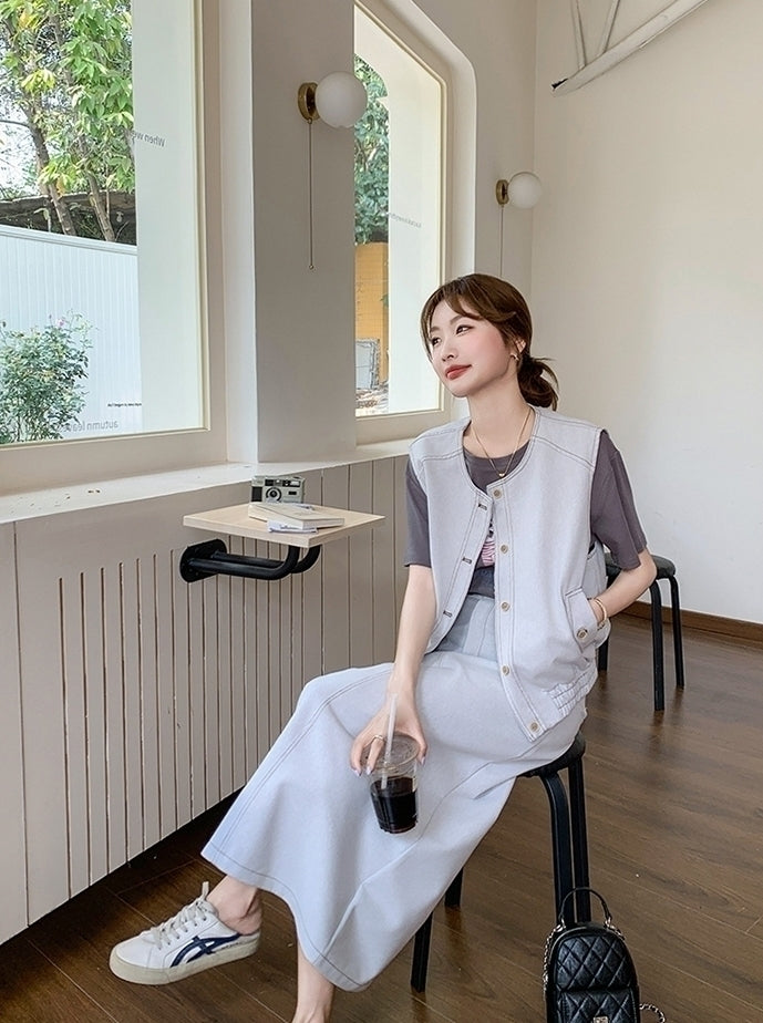 Casual Denim Vest T Shirt Skirt Set
