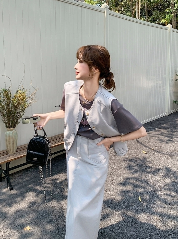 Casual Denim Vest T Shirt Skirt Set