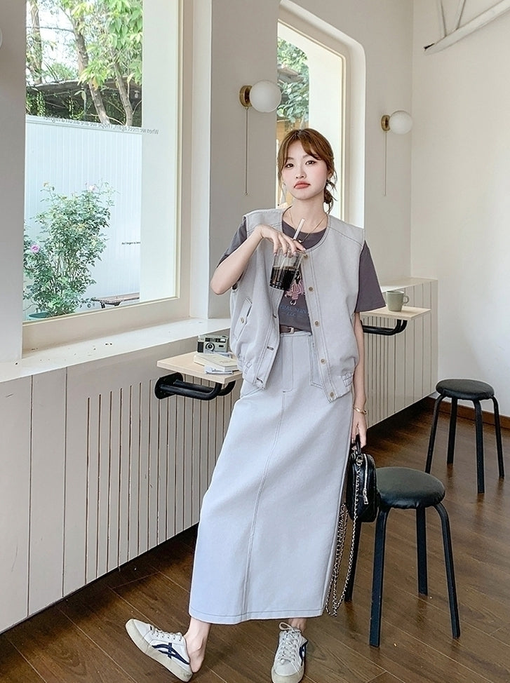 Casual Denim Vest T Shirt Skirt Set