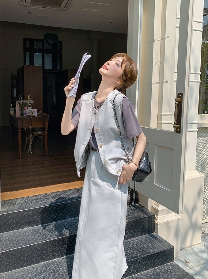 Casual Denim Vest T Shirt Skirt Set