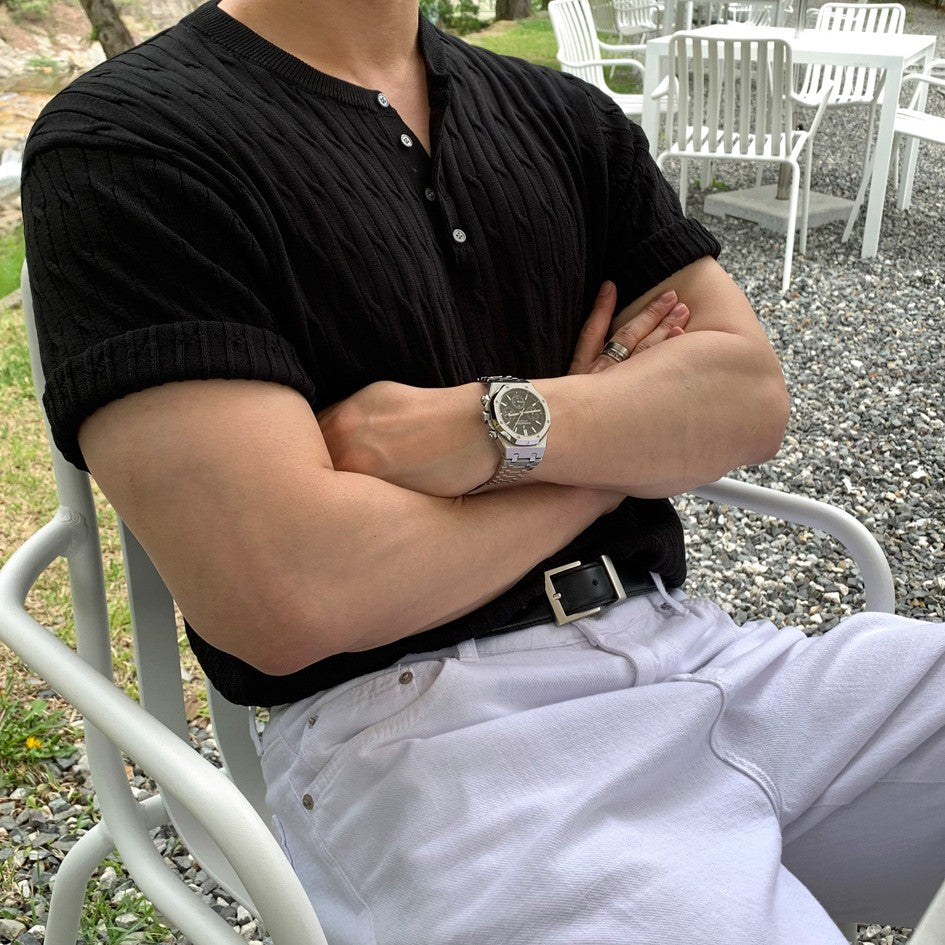 Casual Knit Short Sleeve Henley Top