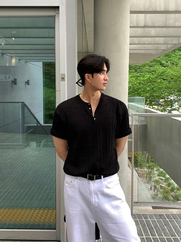 Casual Knit Short Sleeve Henley Top