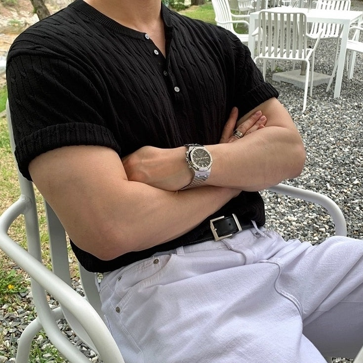 Casual Knit Short Sleeve Henley Top