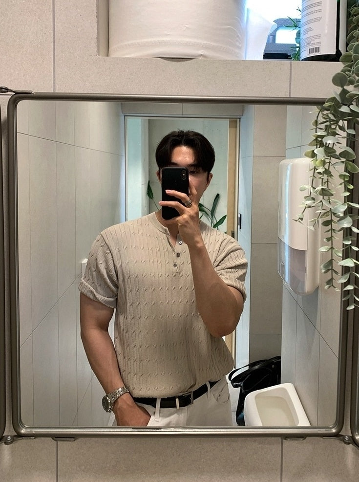 Casual Knit Short Sleeve Henley Top