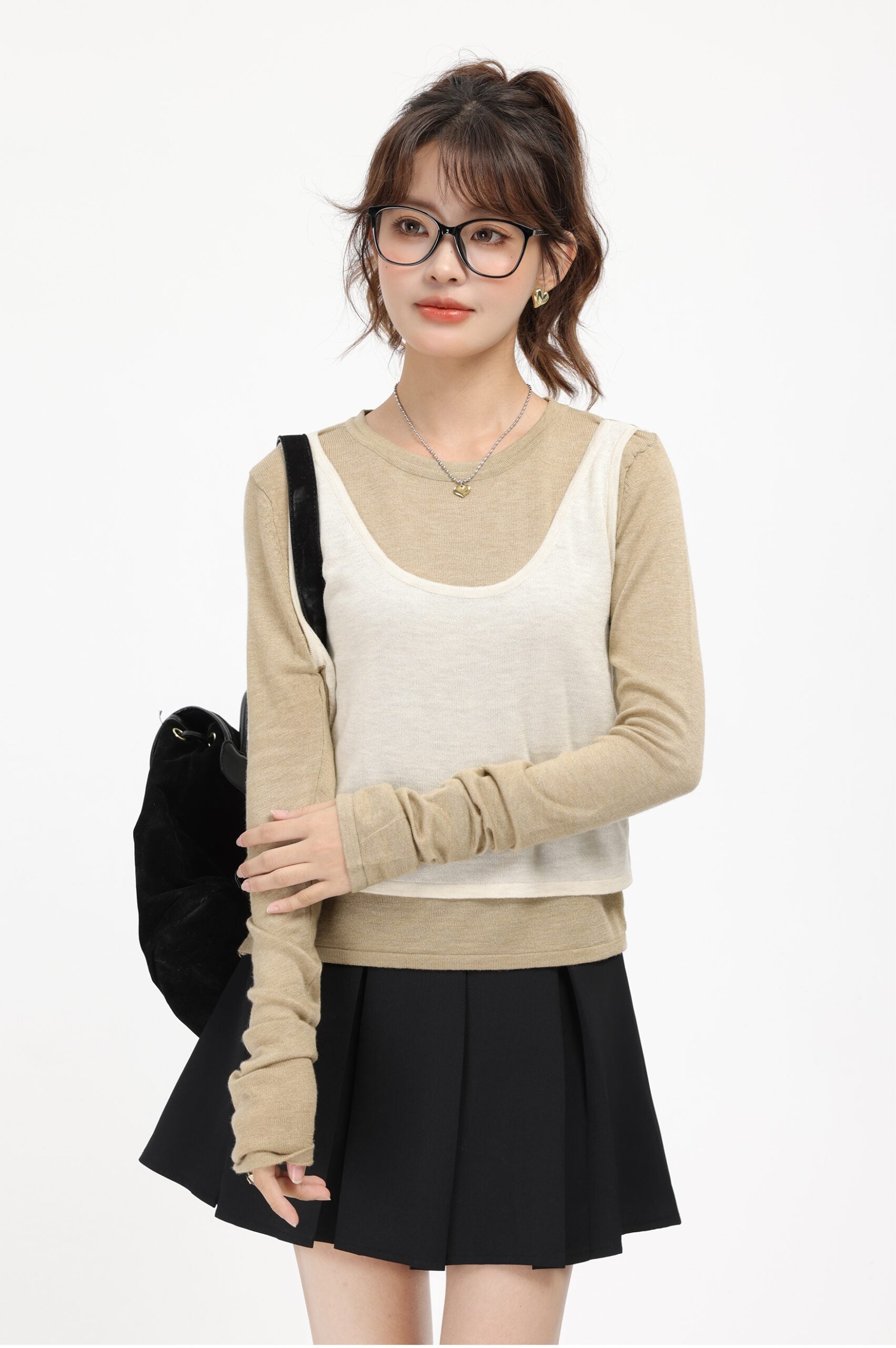Brown Faux Two-Piece Sweater With White Top