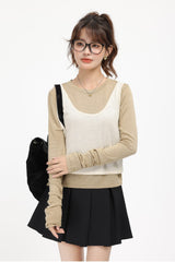 Brown Faux Two-Piece Sweater With White Top