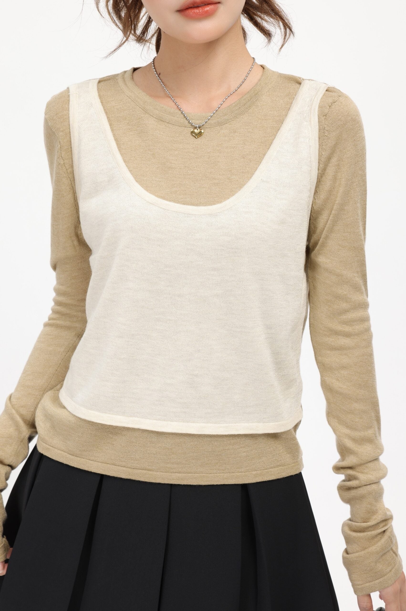 Brown Faux Two-Piece Sweater With White Top