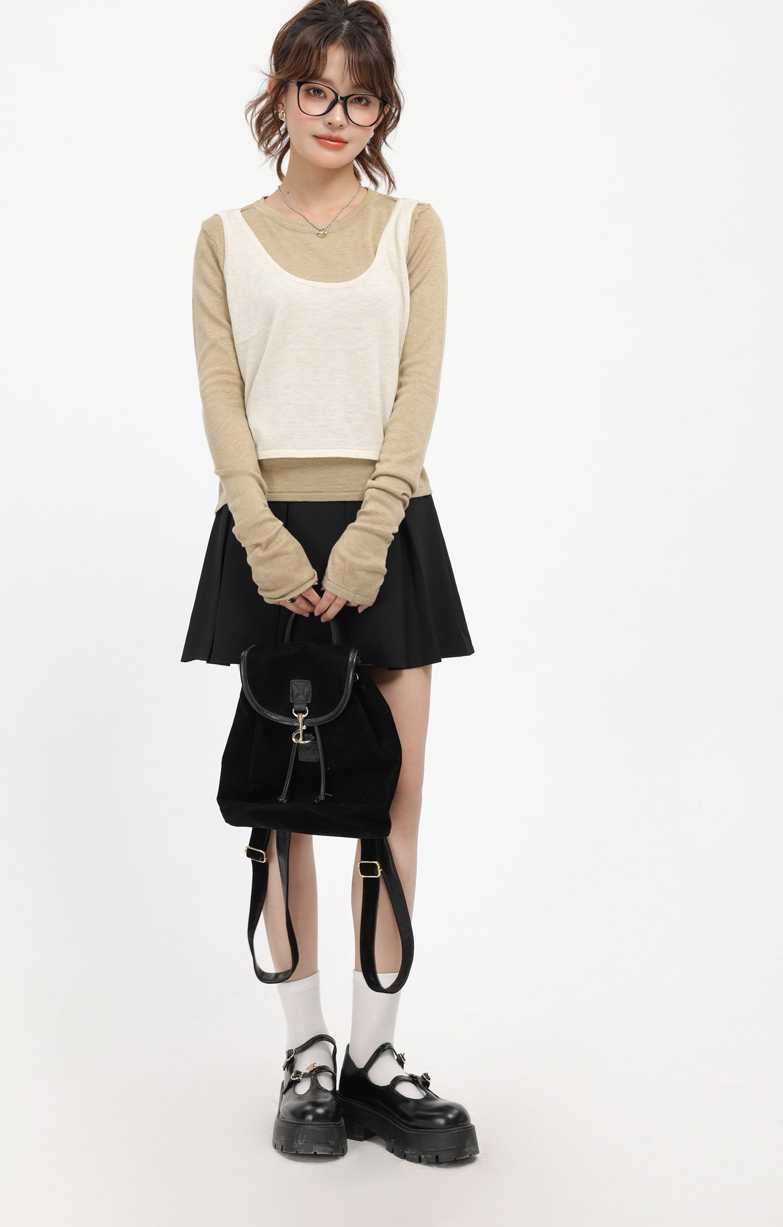 Brown Faux Two-Piece Sweater With White Top