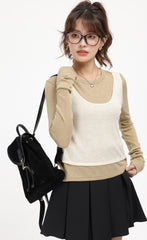 Brown Faux Two-Piece Sweater With White Top