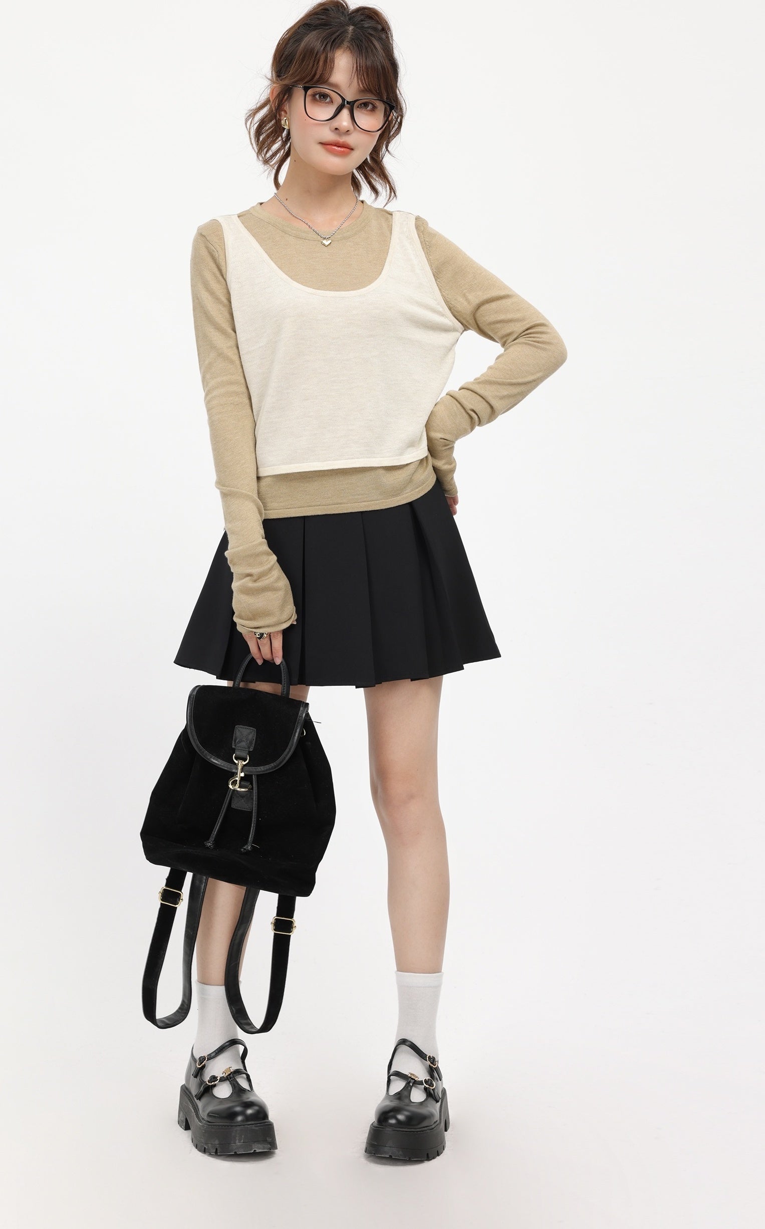 Brown Faux Two-Piece Sweater With White Top