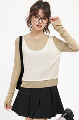 Brown Faux Two-Piece Sweater With White Top