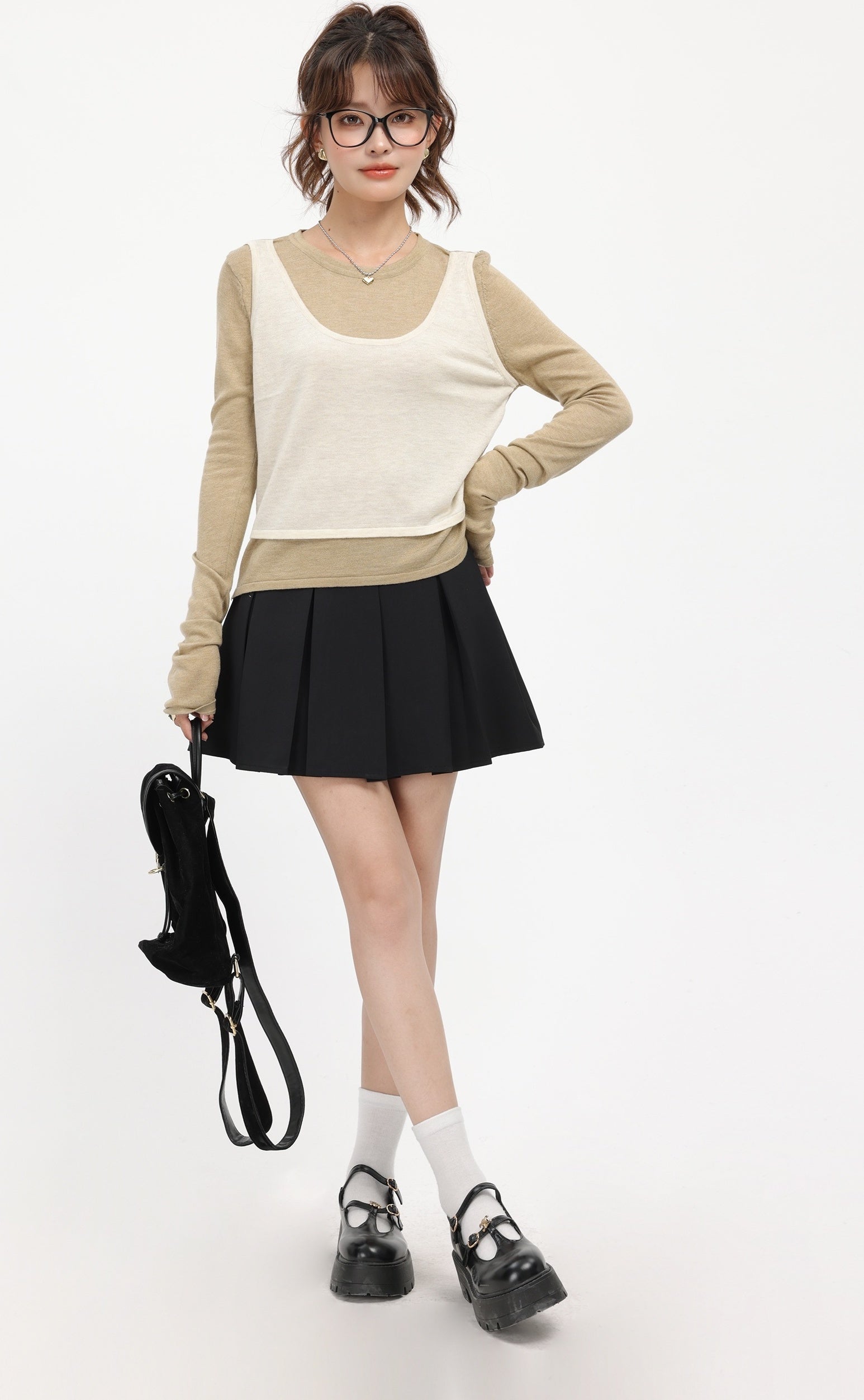 Brown Faux Two-Piece Sweater With White Top