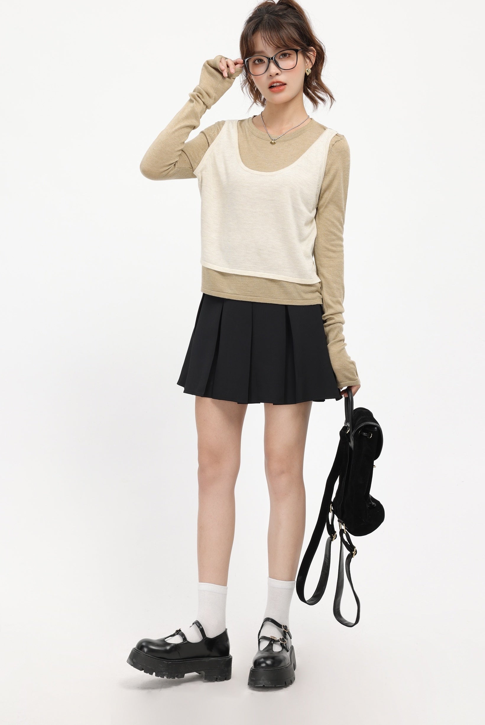 Brown Faux Two-Piece Sweater With White Top