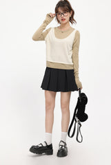 Brown Faux Two-Piece Sweater With White Top