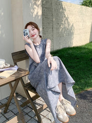 Casual Sleeveless Denim Dress With Ruffle Trim