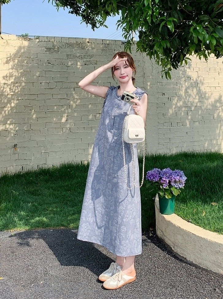 Casual Sleeveless Denim Dress With Ruffle Trim