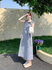 Casual Sleeveless Denim Dress With Ruffle Trim