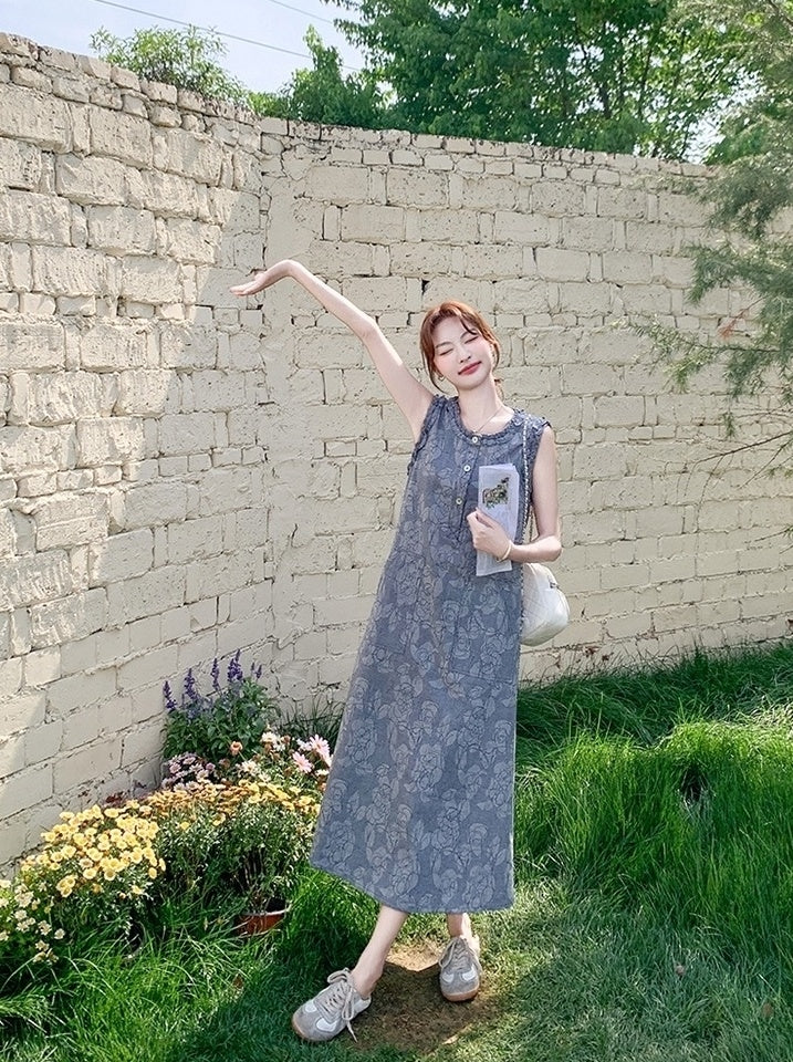 Casual Sleeveless Denim Dress With Ruffle Trim