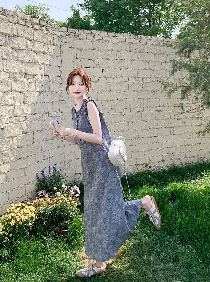 Casual Sleeveless Denim Dress With Ruffle Trim