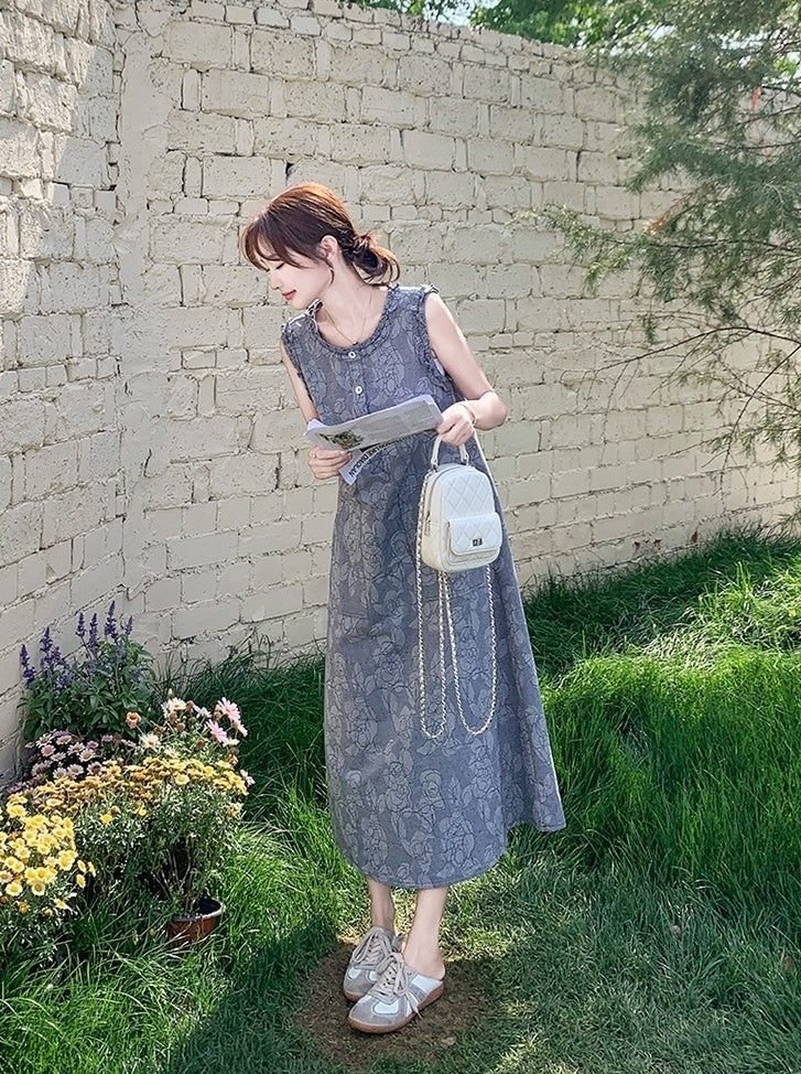 Casual Sleeveless Denim Dress With Ruffle Trim
