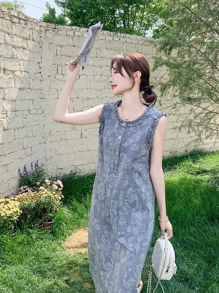 Casual Sleeveless Denim Dress With Ruffle Trim