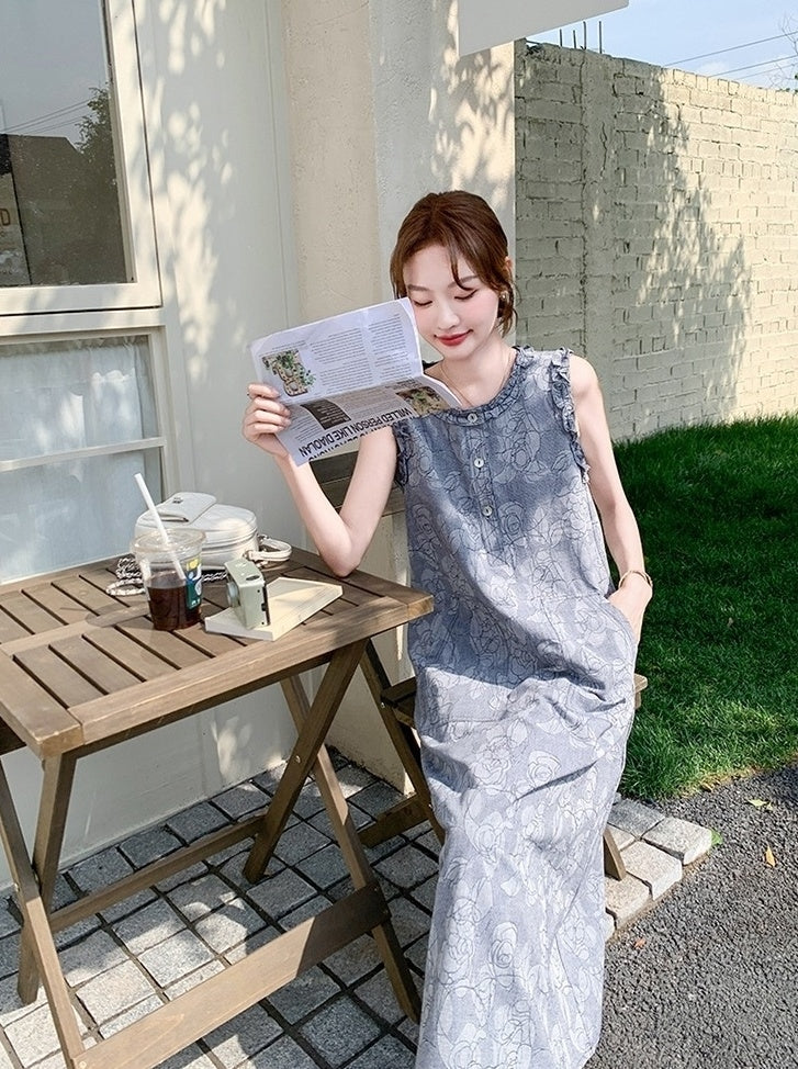 Casual Sleeveless Denim Dress With Ruffle Trim