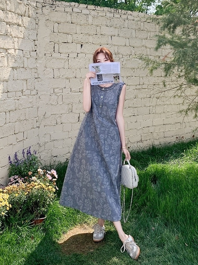 Casual Sleeveless Denim Dress With Ruffle Trim