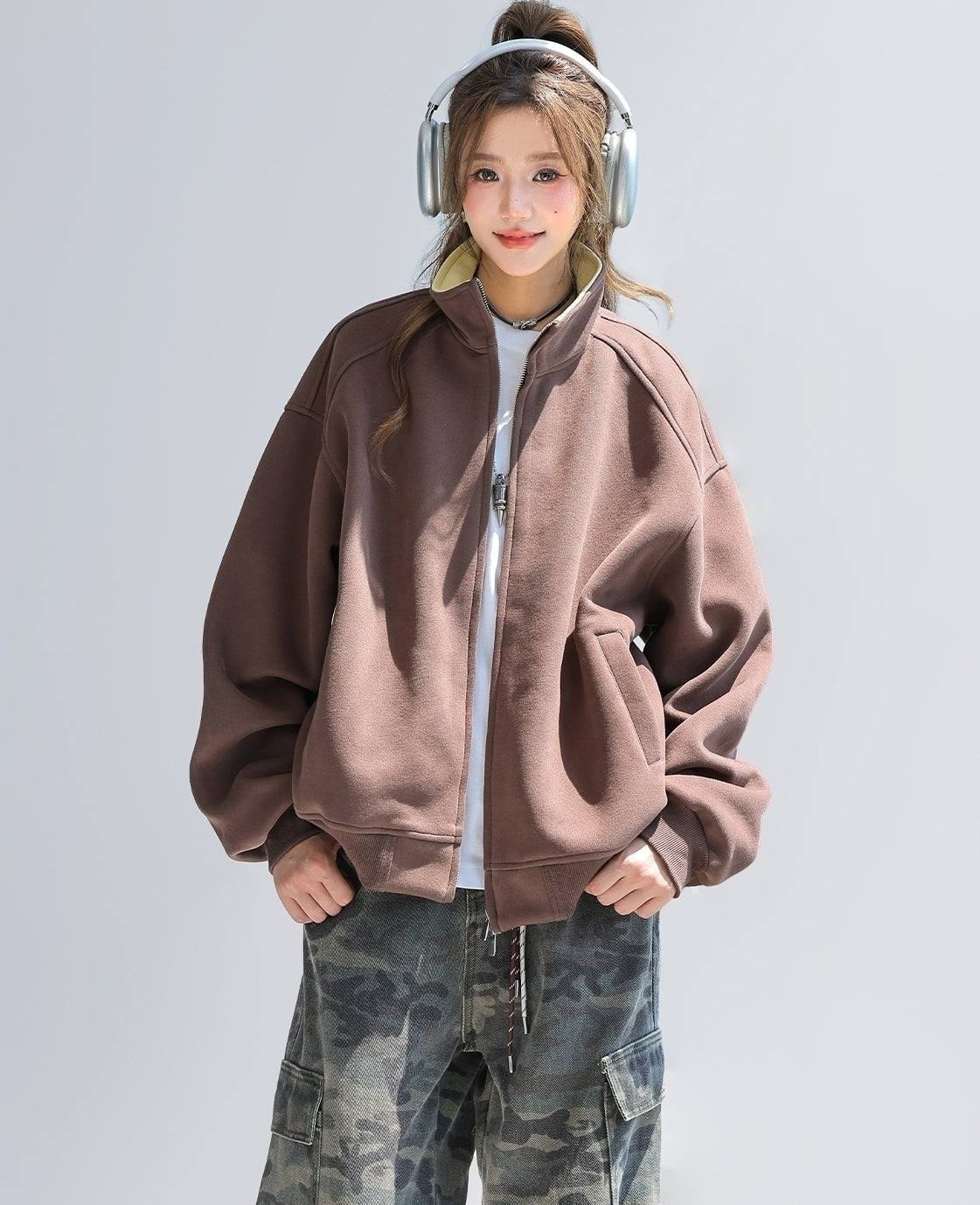 Casual Zip Up Relaxed Fit Stand Collar Jacket