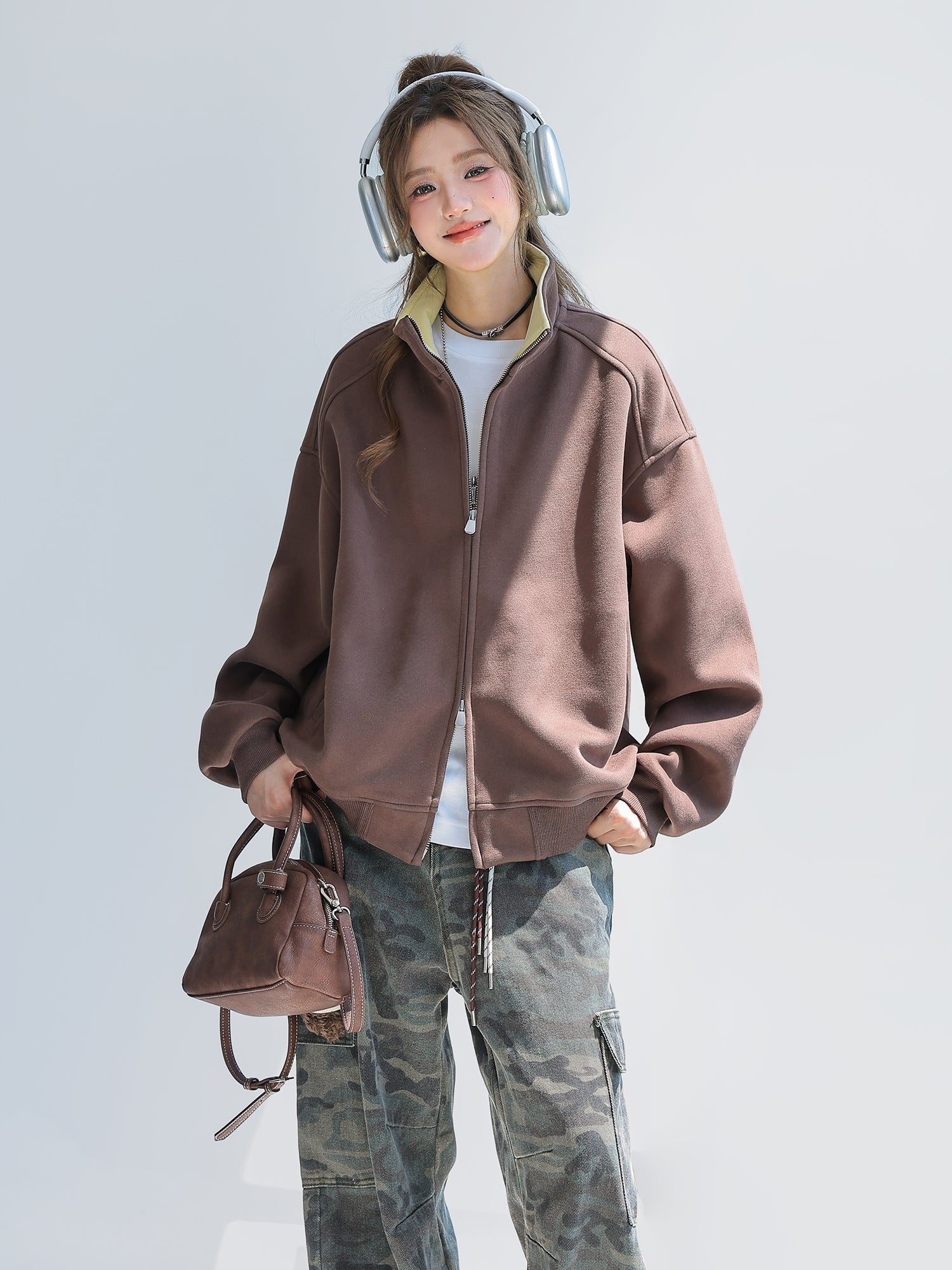 Casual Zip Up Relaxed Fit Stand Collar Jacket