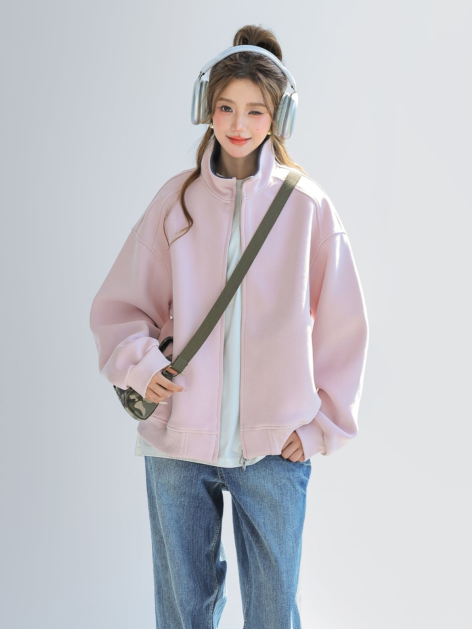 Casual Zip Up Relaxed Fit Stand Collar Jacket