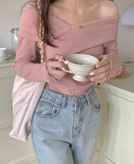 Pink Off-Shoulder Wrap Sweater