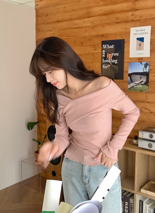 Pink Off-Shoulder Wrap Sweater