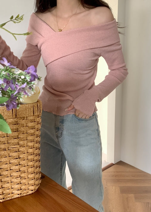 Pink Off-Shoulder Wrap Sweater