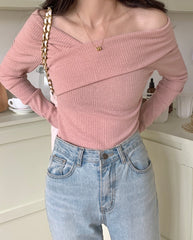 Pink Off-Shoulder Wrap Sweater