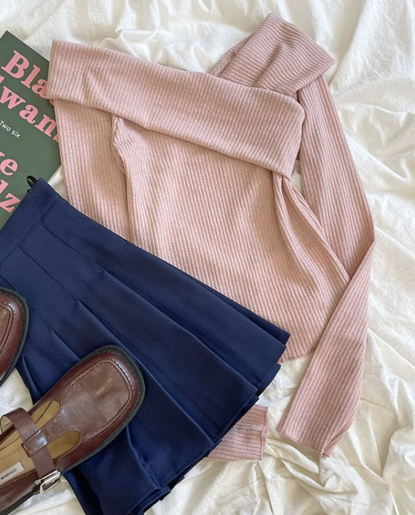 Pink Off-Shoulder Wrap Sweater