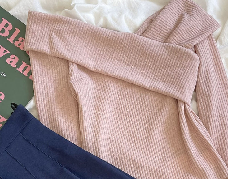 Pink Off-Shoulder Wrap Sweater