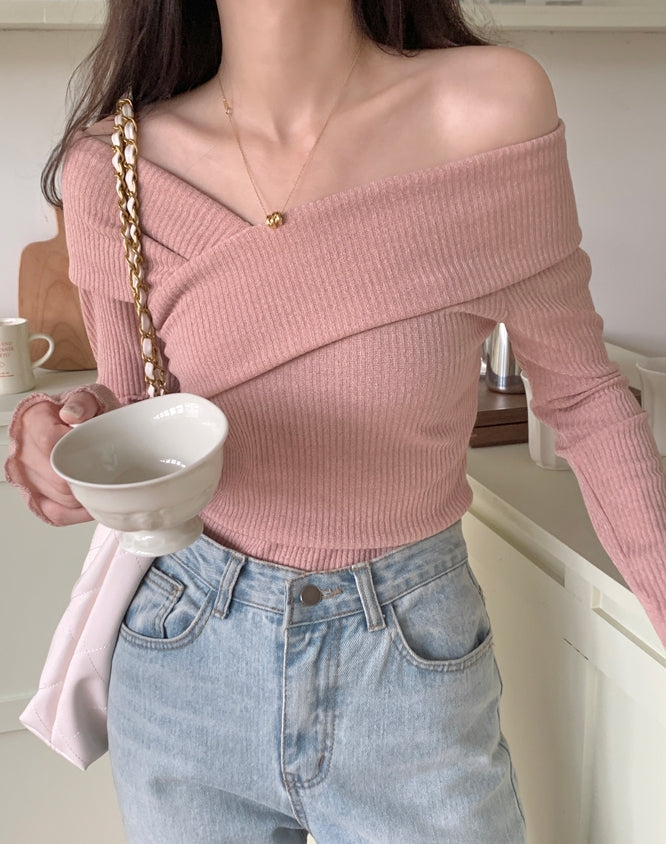 Pink Off-Shoulder Wrap Sweater