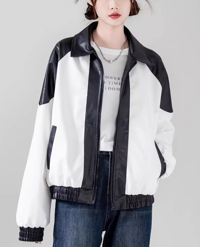 White And Black Contrast Faux Leather Jacket