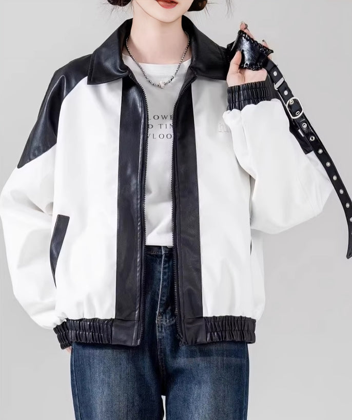 White And Black Contrast Faux Leather Jacket