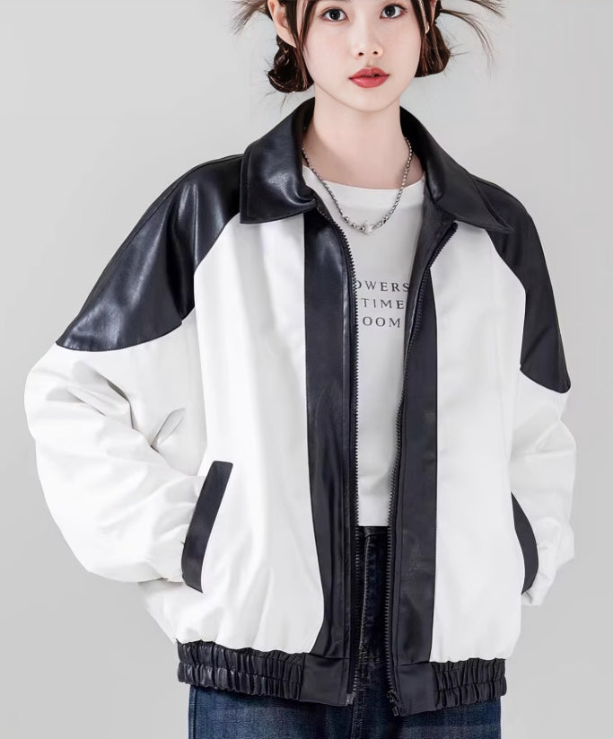 White And Black Contrast Faux Leather Jacket
