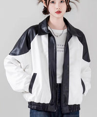 White And Black Contrast Faux Leather Jacket