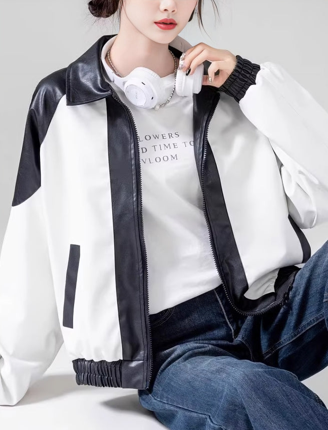 White And Black Contrast Faux Leather Jacket